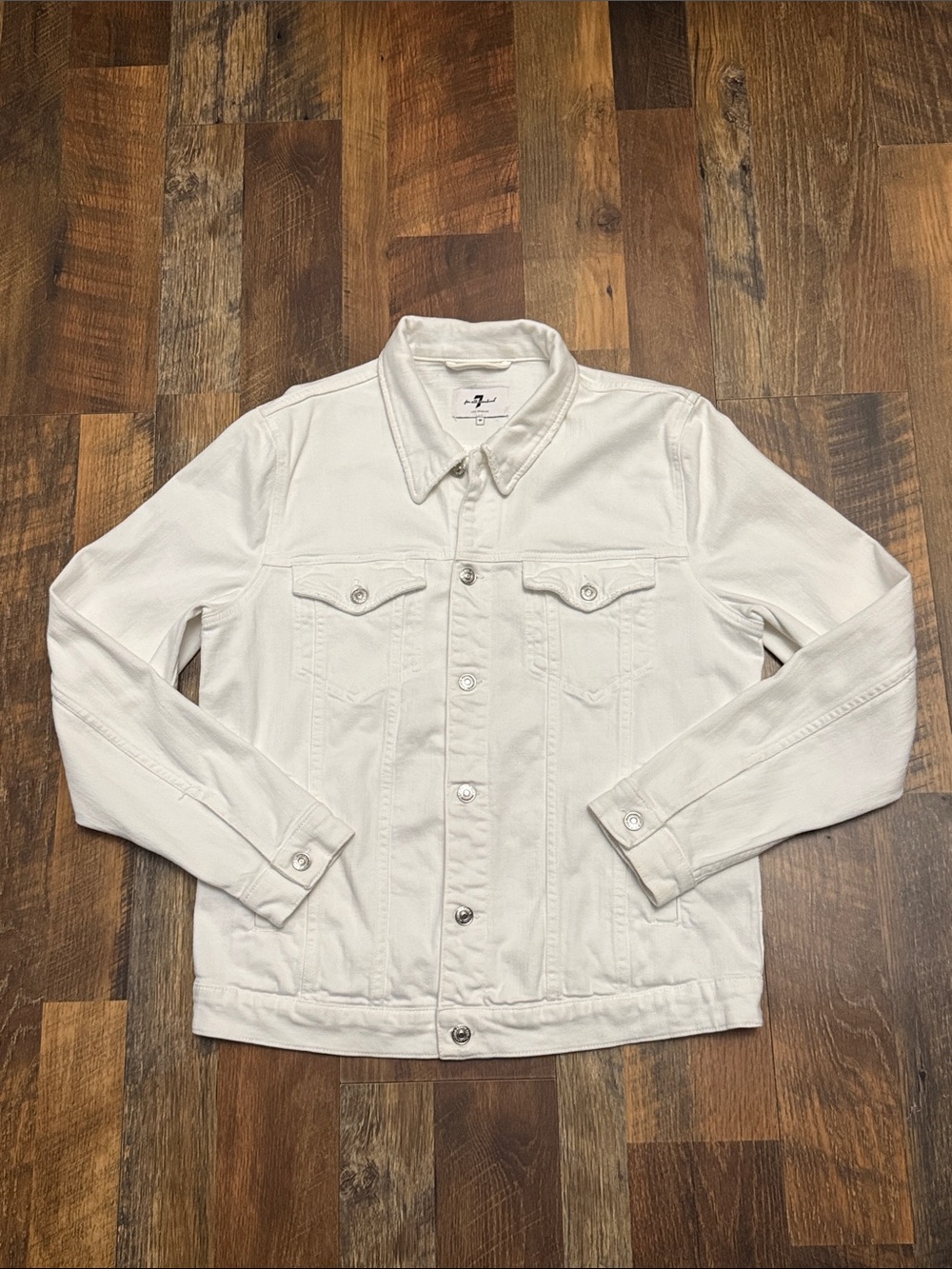 7 For All Mankind White Denim Trucker Jacket Medium Classic Button Front